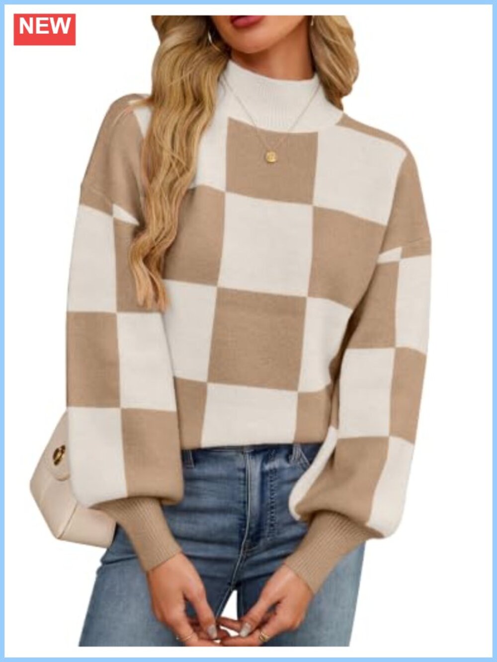 Oversized Checkered Mock Neck Knit Pullover Sweater